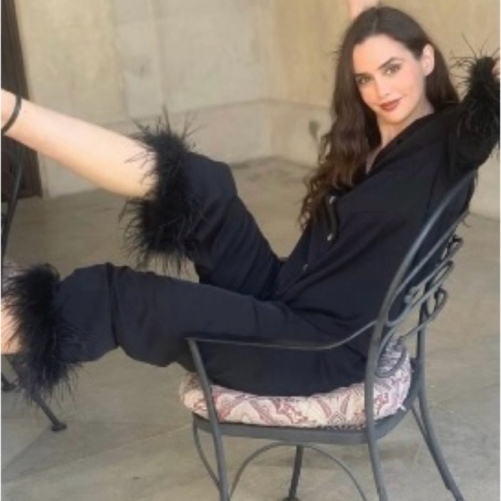 Women's Black Feather Trim Pajama Set